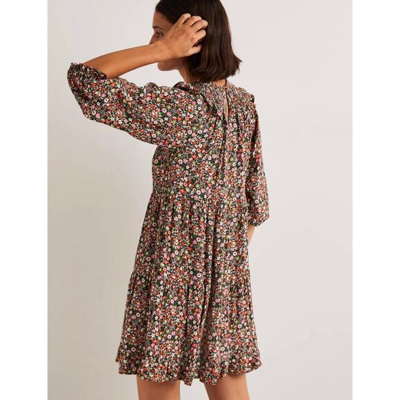 BODEN Smocked Ruffle Yoke Tiered Dress 3/4 Sleeve Ditsy Floral Cottagecore - Picture 3 of 11
